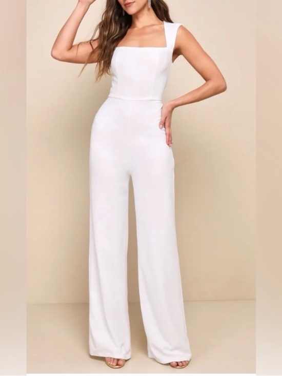Lulus Pants - Lulu's Enticing Endeavors White Square-Neck Wide-Leg Jumpsuit